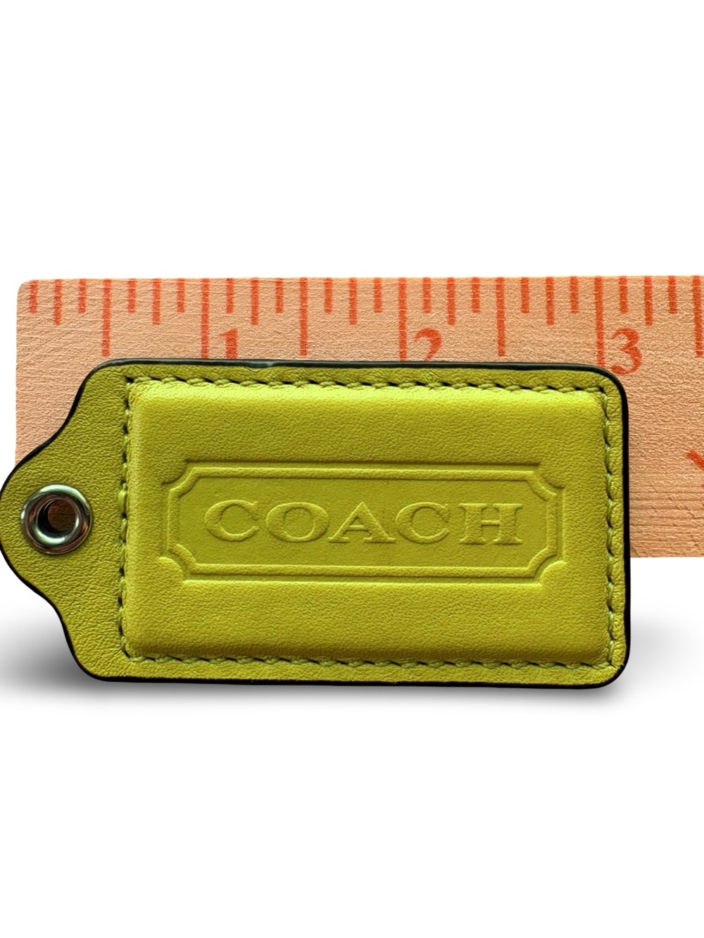 🍋🟩 Y2K 3” XL Coach Chartreuse Lime Green Leather Vintage HangTag Bag Charm - Picture 6 of 8